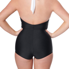 Unique Vintage Black Halter Swimsuit w/ White Trim