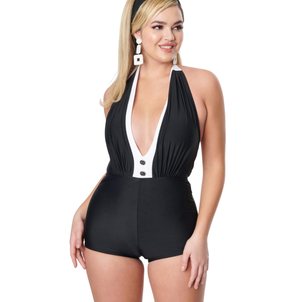 Unique Vintage Black Halter Swimsuit w/ White Trim