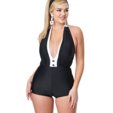 Unique Vintage Black Halter Swimsuit w/ White Trim