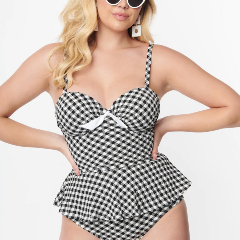 Unique Vintage Black/White Gingham Tankini Swim Top