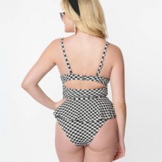 Unique Vintage Black/White Gingham Tankini Swim Top