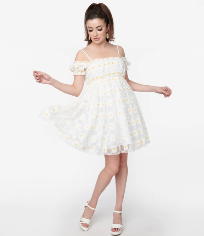 Unique Vintage White off the Shoulder Daisy Babydoll Dress