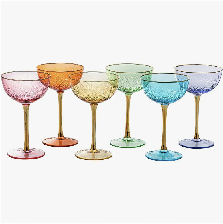 Colored Gold Rimmed Vintage Style Cocktail Glasses, Celebration Glasses,  Wedding Glasses, Champagne Coupes, Green Coupe Glasses 