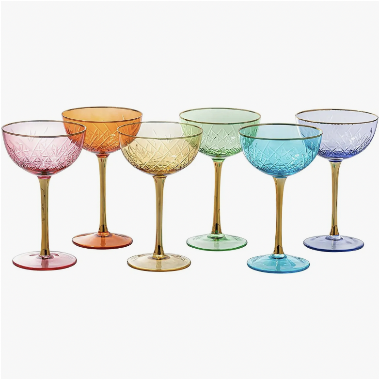 Colored Coupe Art Deco Glasses, Gold, Set of 4