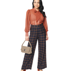 Unique Vintage High Waist Sailor Button Navy/Orange Plaid Trousers