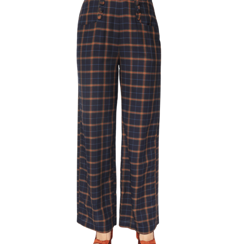 Unique Vintage High Waist Sailor Button Navy/Orange Plaid Trousers