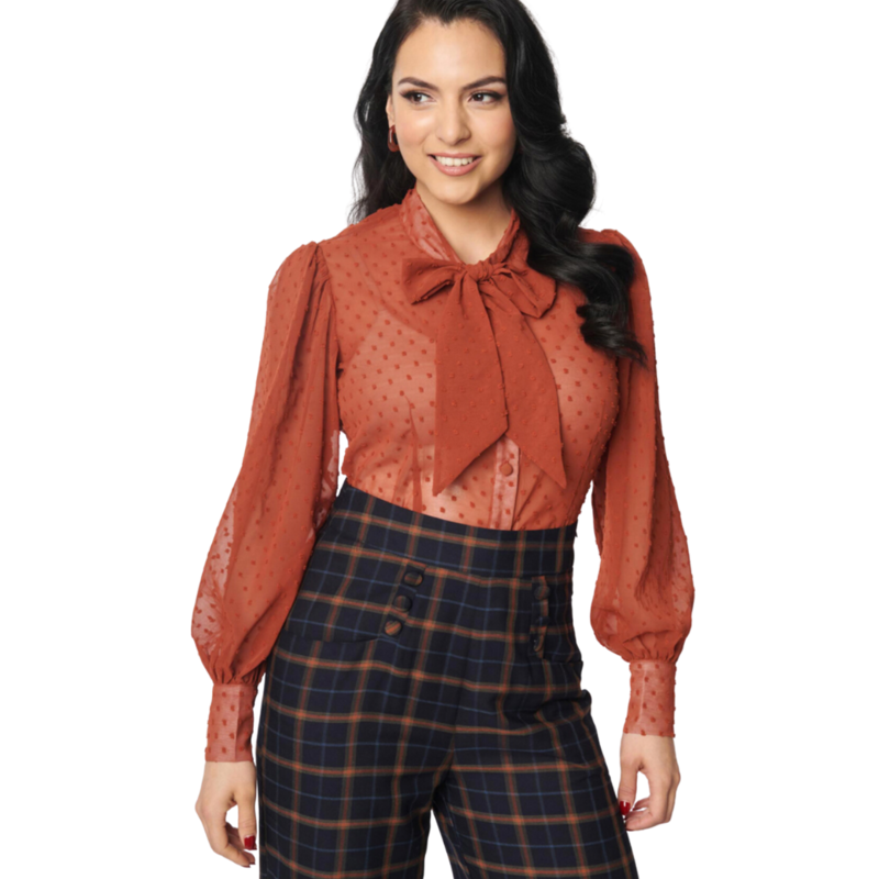 Unique Vintage Rust Dotted Pussy Bow Blouse