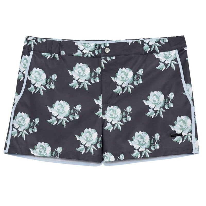 Parke & Ronen Cool Grey Peonies 2" Angeleno Printed Stretch Swim Short