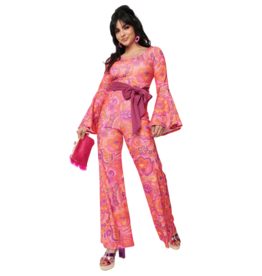 Unique Vintage Pink Mod Floral Jumpsuit w/ Bell Sleeves