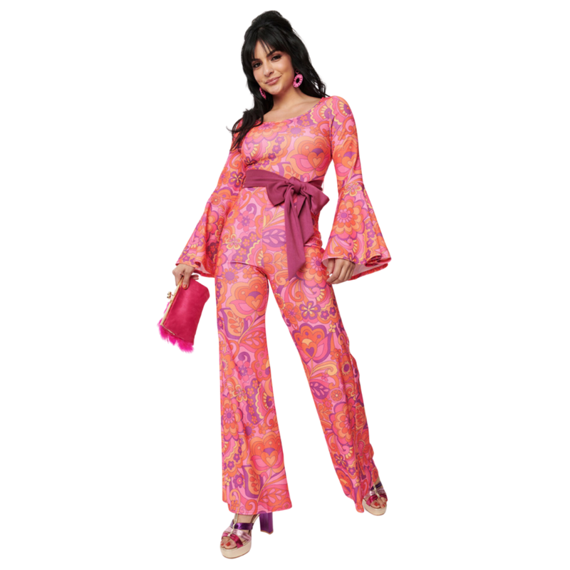 Unique Vintage Pink Mod Floral Jumpsuit w/ Bell Sleeves