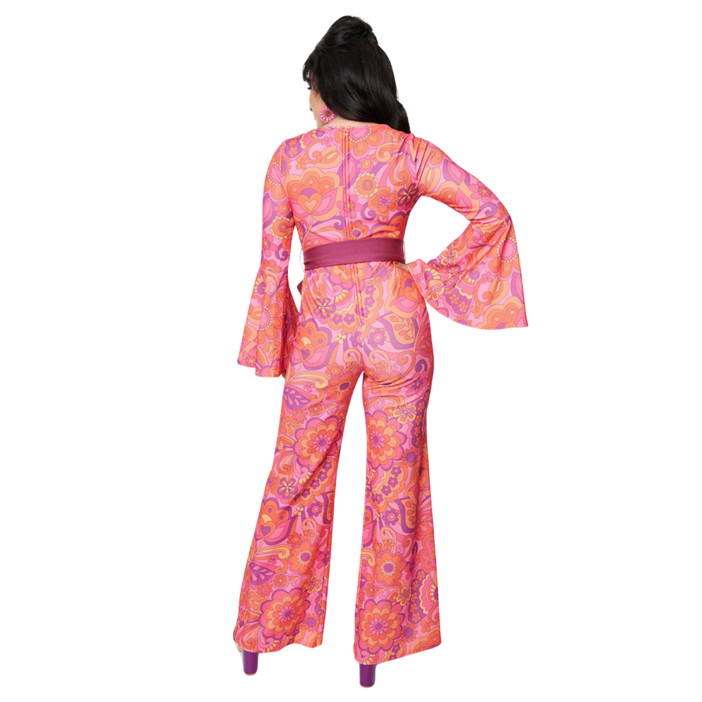 Unique Vintage Pink Mod Floral Jumpsuit w/ Bell Sleeves