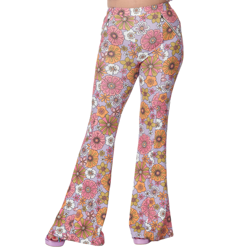 Unique Vintage Retro Bloom Pull On Flare Pants w/ Zipper Pockets