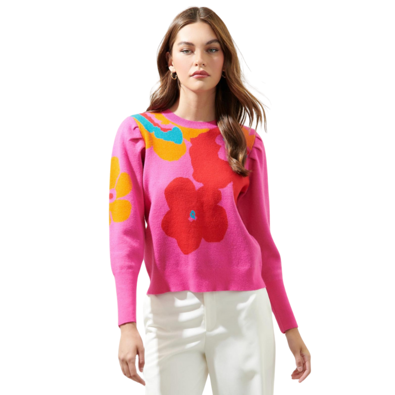 Sugarlips Lillie Cosmo Floral Lurex Puff Sleeve Sweater (Fuschia)