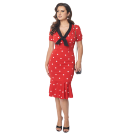 Unique Vintage Red/White Polka Dot Contrast Neck Tie Wiggle Dress