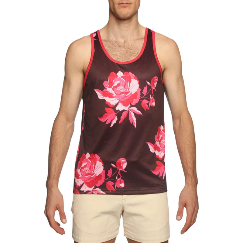 Parke & Ronen Vamp Red Peonies Printed Mesh Tank Top