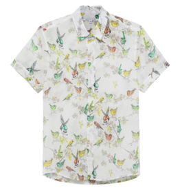 Parke & Ronen White Humming Bird Blue Biscayne Short Sleeve Shirt