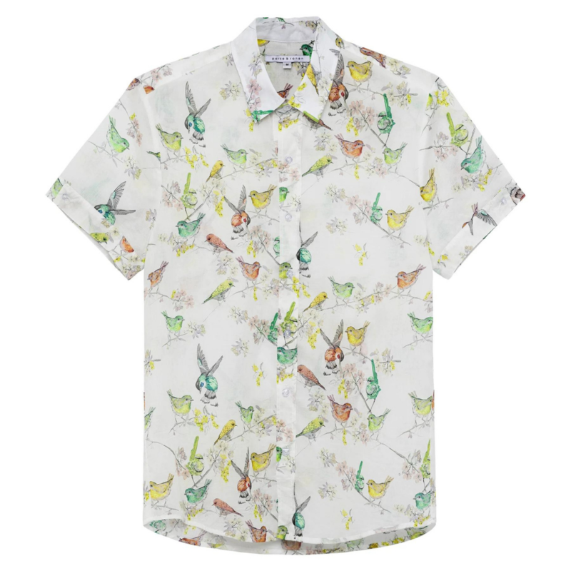 Parke & Ronen White Humming Bird Blue Biscayne Short Sleeve Shirt