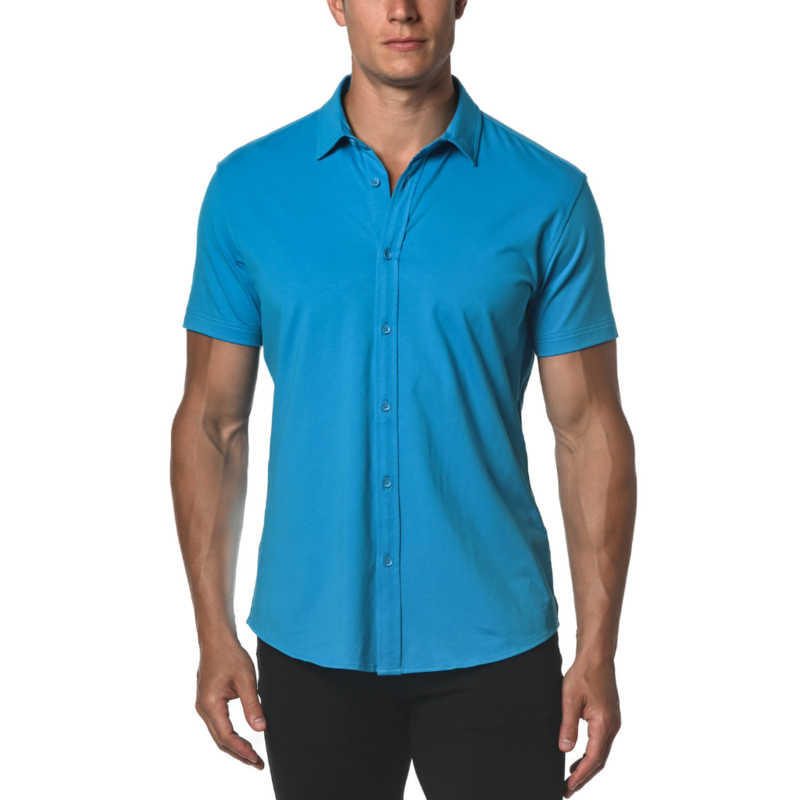 ST33LE Techno Blue Solid Cotton Stretch Knit Jersey Short Sleeve Shirt ST-963