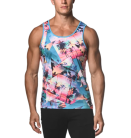 ST33LE Turquoise Palm Collage Printed Mesh Tank Top ST-470