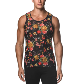 ST33LE Navy Jungle Floral Printed Stretch Gossamer Lace Tank Top ST-25010