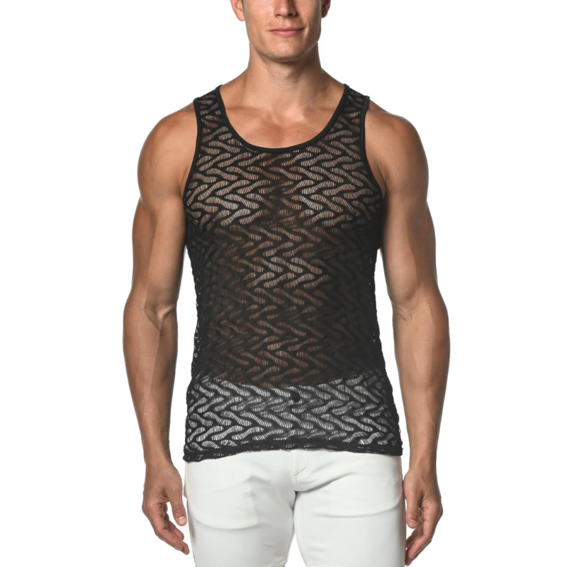 ST33LE Black Squiggly Stretch Gossamer Lace Tank Top ST-25003