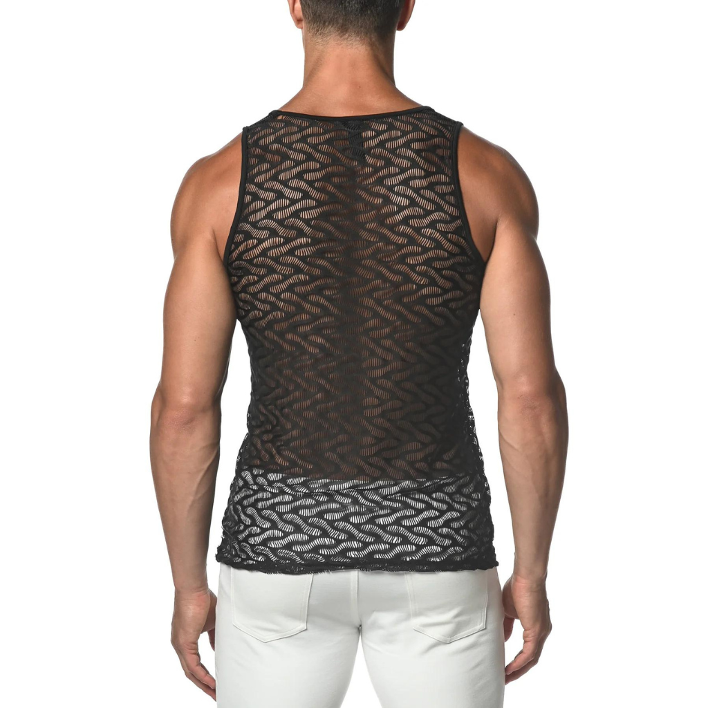 ST33LE Black Squiggly Stretch Gossamer Lace Tank Top ST-25003