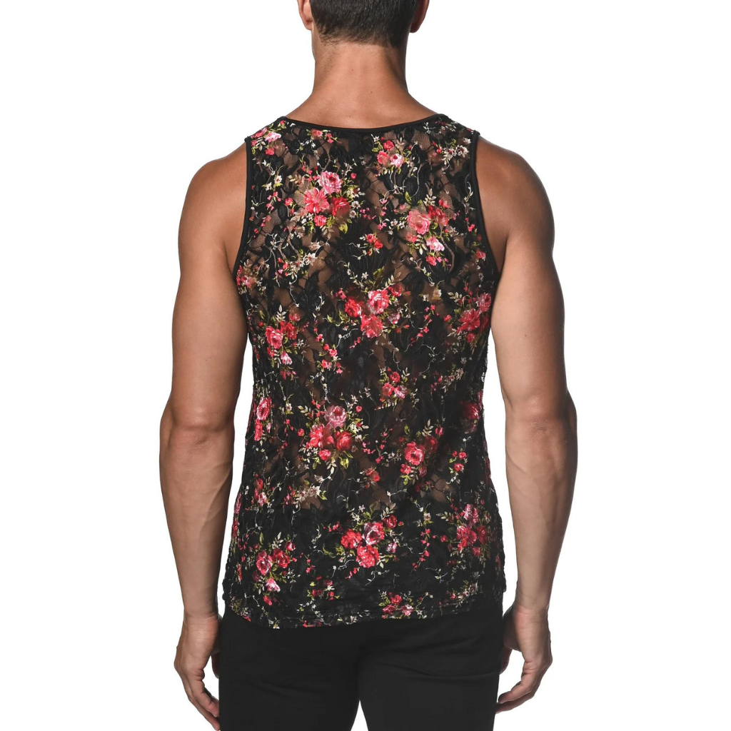 ST33LE Black/Red Floral Printed Stretch Gossamer Lace Tank Top ST-25011