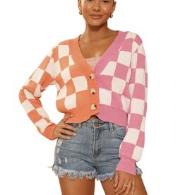 Miss Sparkling Two Tone Checkered Cropped Knit Cardigan