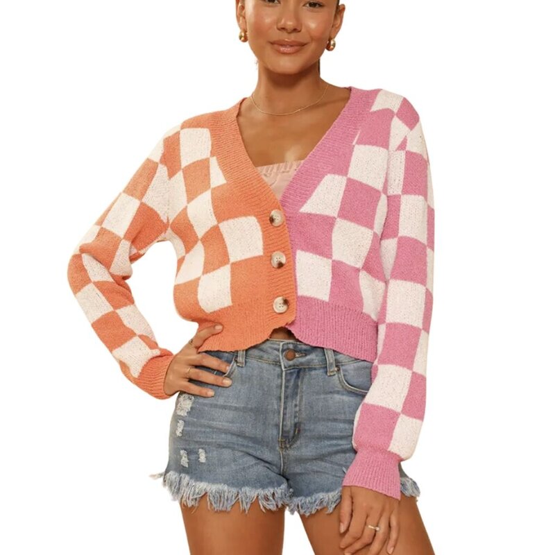 Miss Sparkling Two Tone Checkered Cropped Knit Cardigan