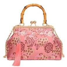 Elle Rebel Pink Embroidered Floral Print Bamboo Handle Purse