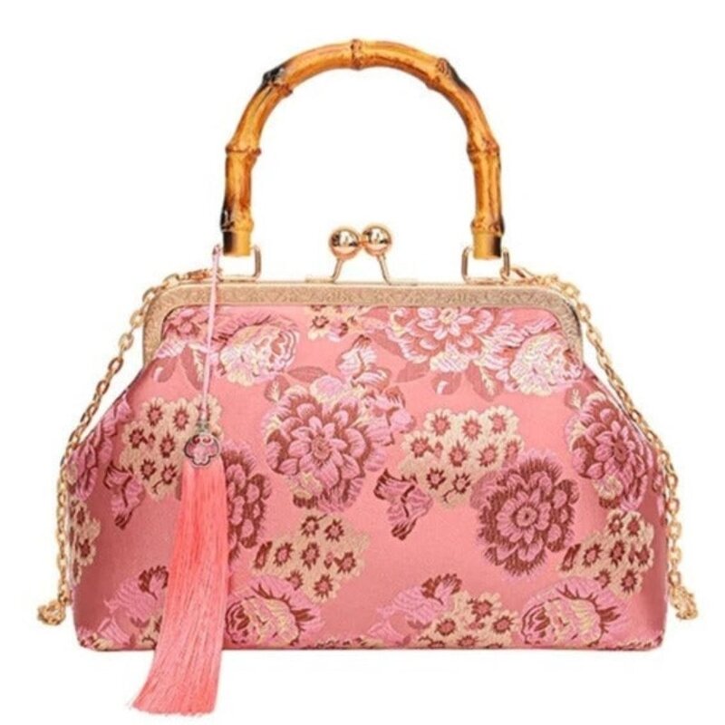 Elle Rebel Pink Embroidered Floral Print Bamboo Handle Purse