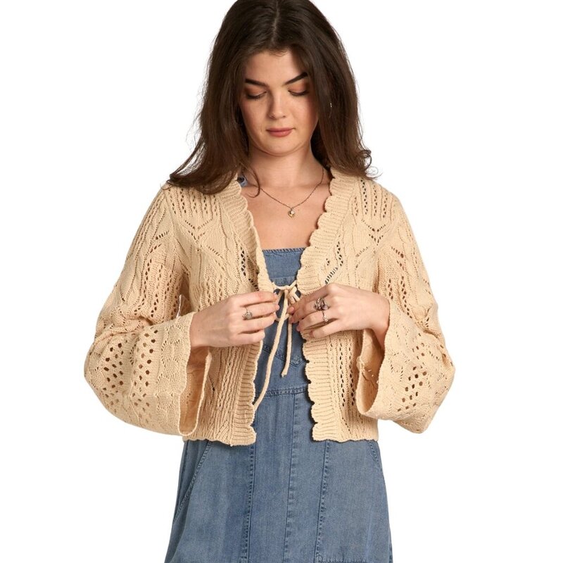 En Créme Wide Sleeve Tie Front Crochet Cardigan