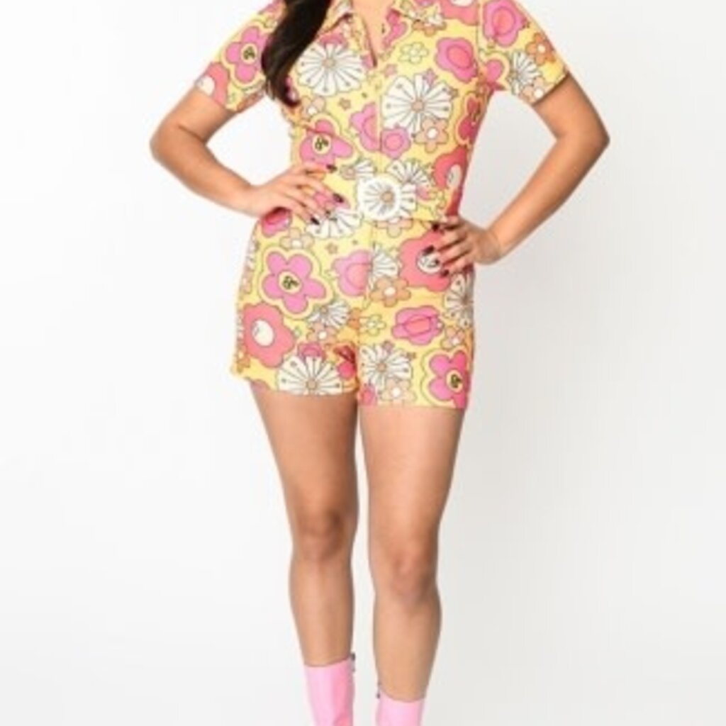 Unique Vintage & Smak Parlour Yellow & Pink Barbie All Over Print Belted Romper