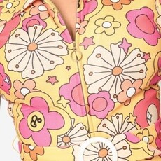 Unique Vintage & Smak Parlour Yellow & Pink Barbie All Over Print Belted Romper