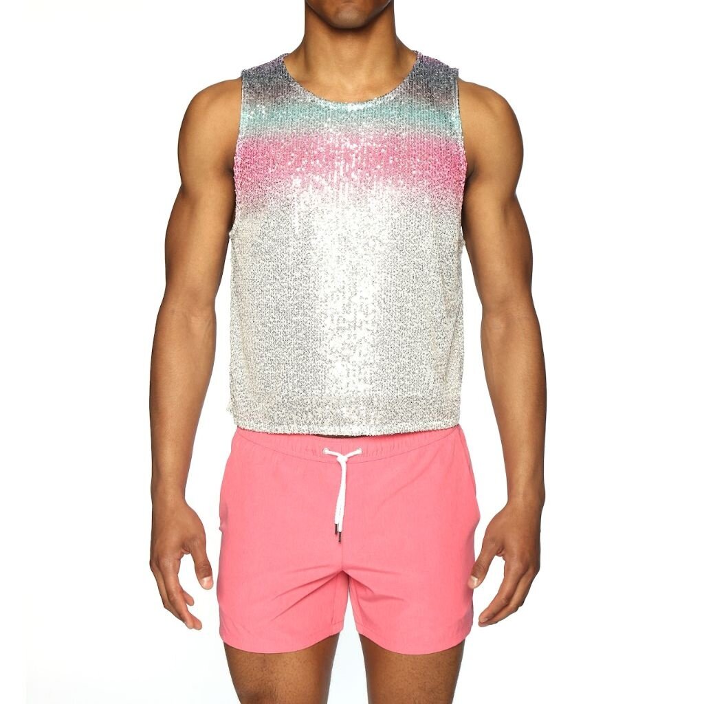 Parke & Ronen White Rainbow Sequin Muscle Tee