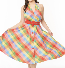 Unique Vintage Halter Belted Swing Dress Red/Multi Madras