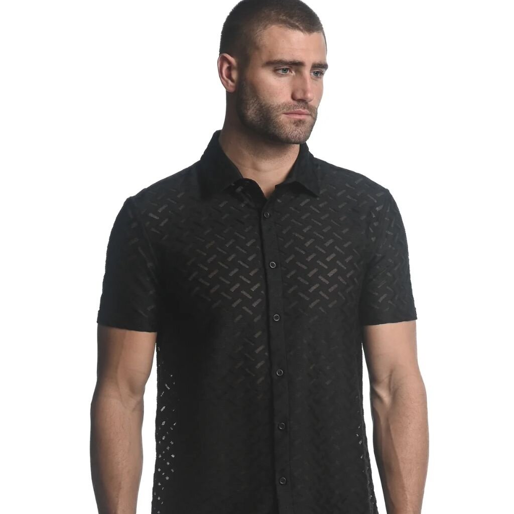 ST33LE Black Zigzag Chevron Stretch Gossamer SS Shirt ST-24027