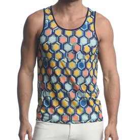 ST33LE Navy/Yellow Honeycomb Printed Mesh Singlet ST-11080