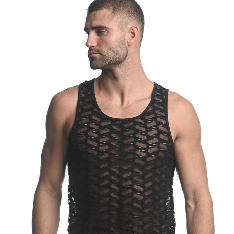 ST33LE Black/Vertical Wave Stretch Gossamer Knit Singlet ST-24201