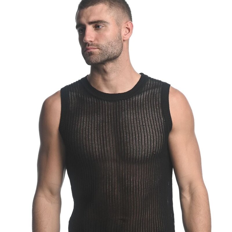 ST33LE (Steele) Black Sheer Vertical Stripe Textured Knitted Vest ST-24031