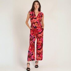 En Créme Sleeveless Collared Printed Jumpsuit with Belt Black Coral