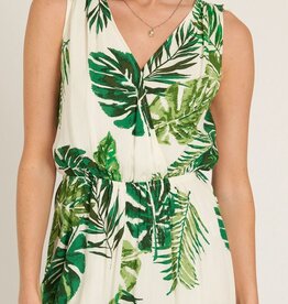 En Créme Leaf Print Sleeveless V-Neck Jumpsuit Ivory Green