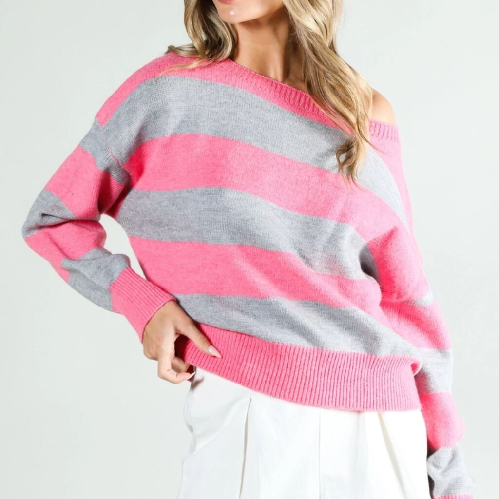 Vine & Love Pink Boat Neck Long Sleeve Stripe Sweater