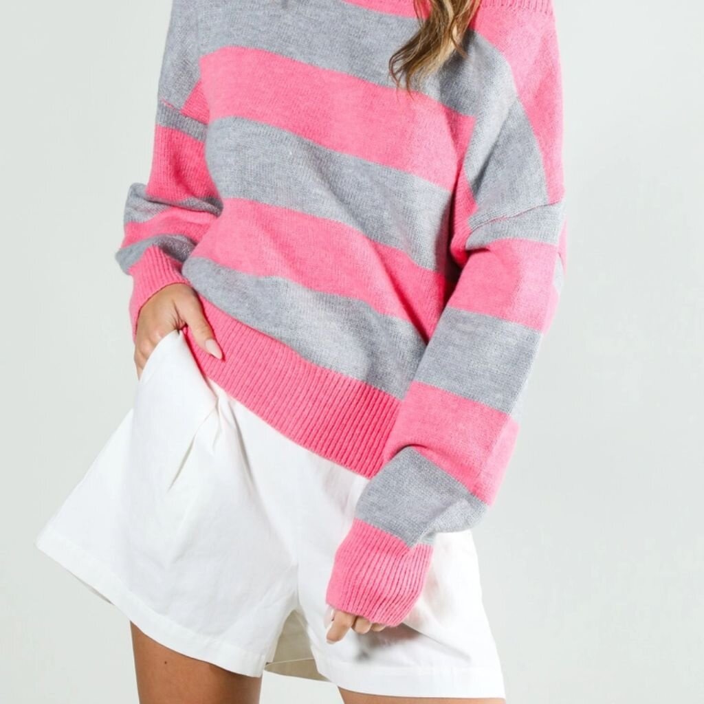 Vine & Love Pink Boat Neck Long Sleeve Stripe Sweater