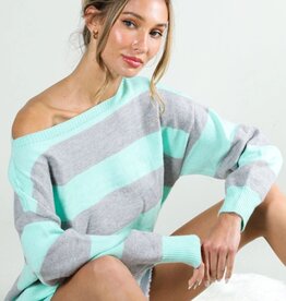 Vine & Love Mint Boat Neck Long Sleeve Stripe Sweater