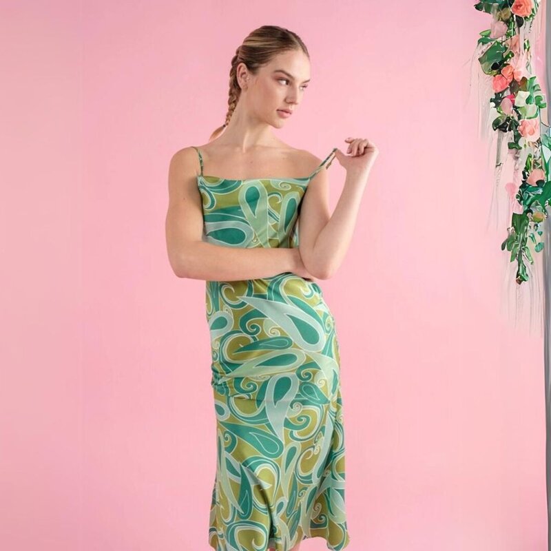 Sheer Trend Green Mia Printed Cowl Neck Midi Dress