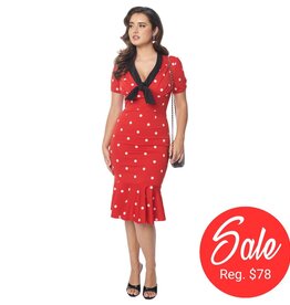 Unique Vintage Red/White Polka Dot Contrast Neck Tie Wiggle Dress