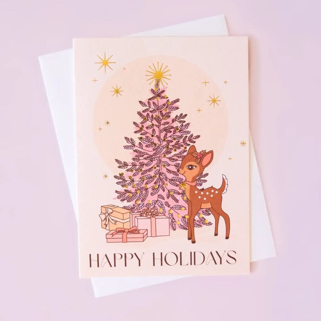 Sunshine Studios Happy Holidays Tree with Retro Deer Card