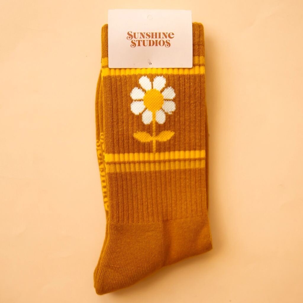 Sunshine Studios Retro Flower Striped Ribbed Crew Socks