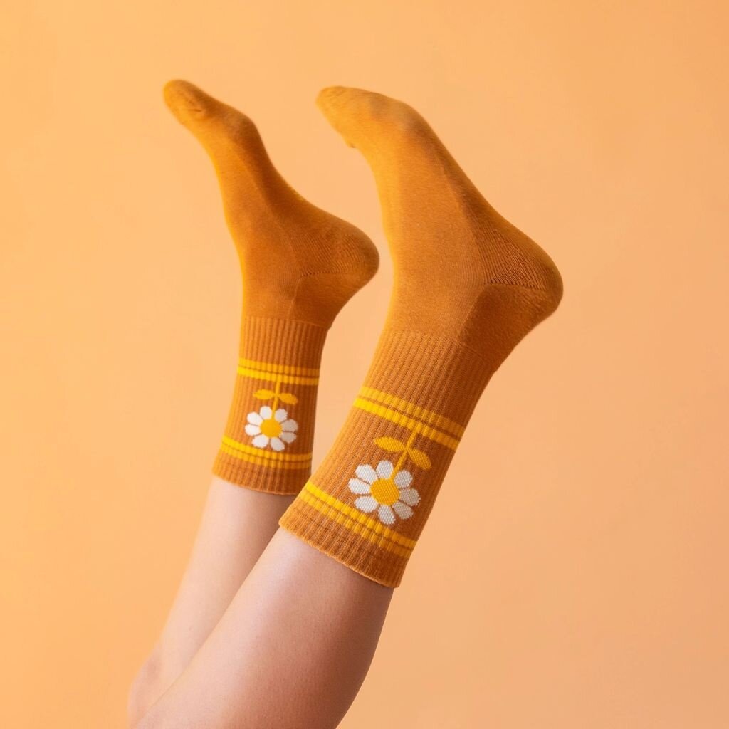 Sunshine Studios Retro Flower Striped Ribbed Crew Socks